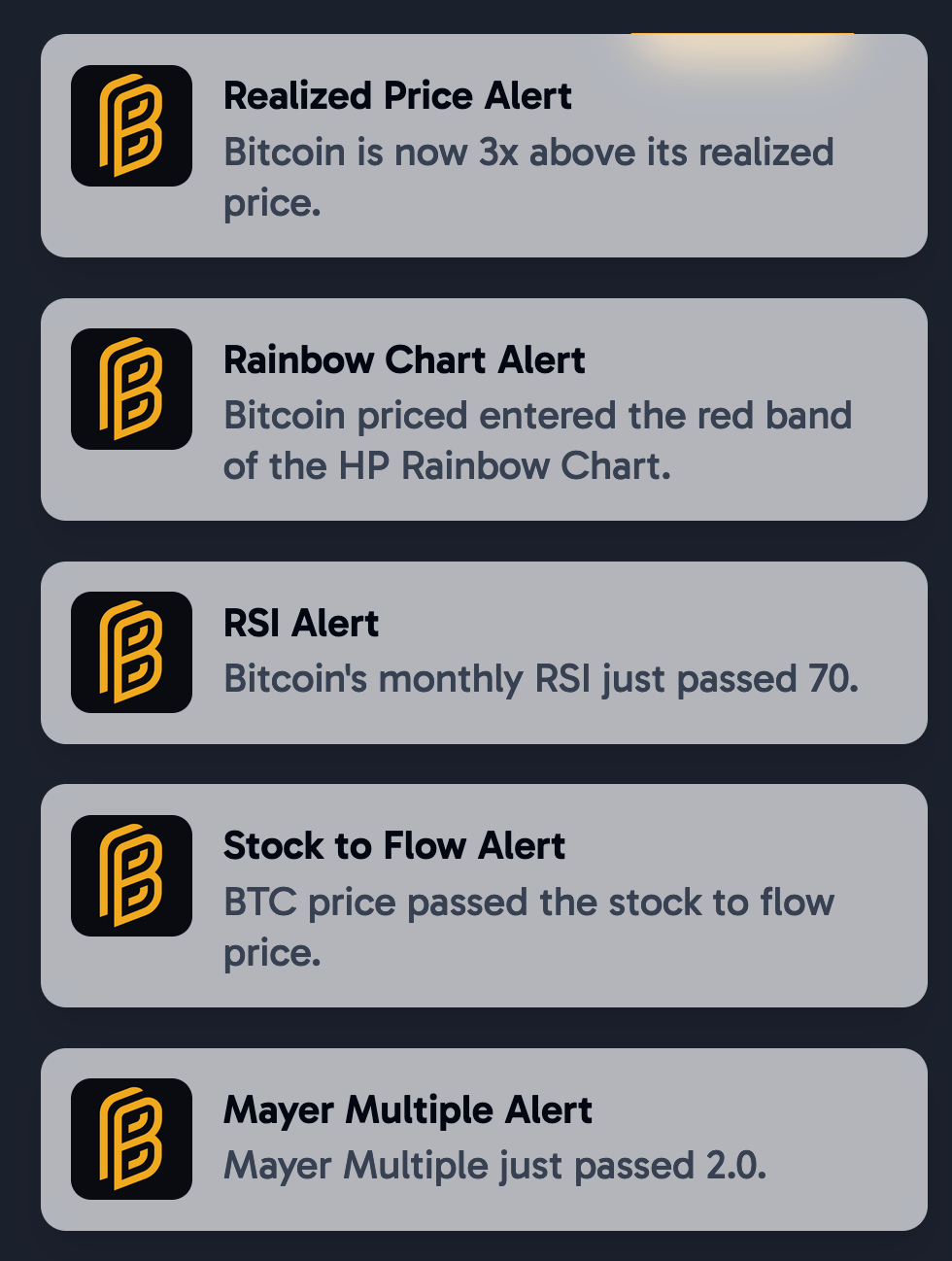 List of alerts and notifications